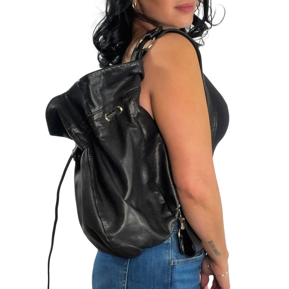 Georgetown Leather 1990s Vintage Black Leather Drawstring Hobo Shoulder Bag